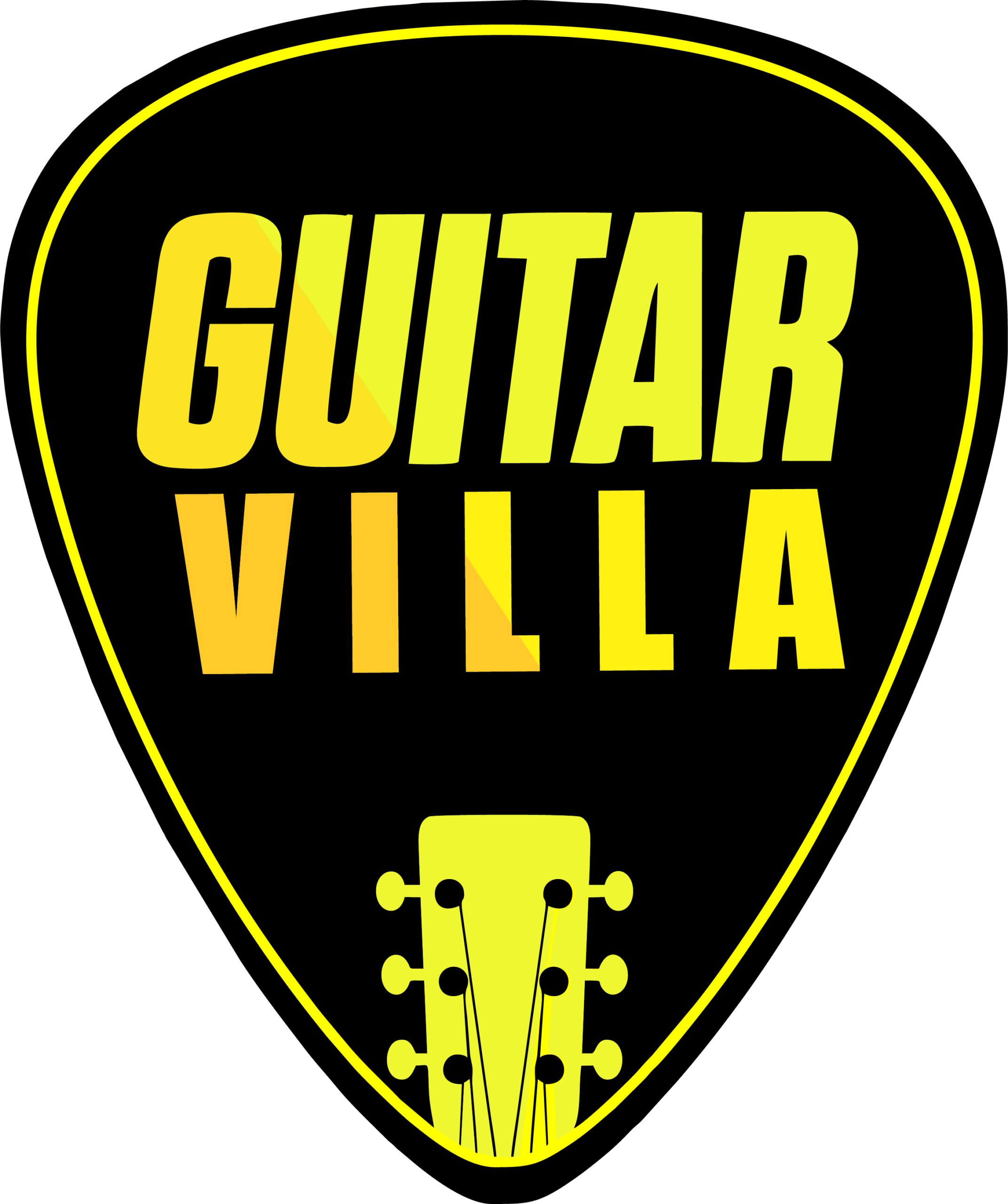Guitar Vila logo featuring a black guitar pick shape with the text "GUITAR VILLA" in bold yellow letters and a stylised guitar headstock icon at the bottom