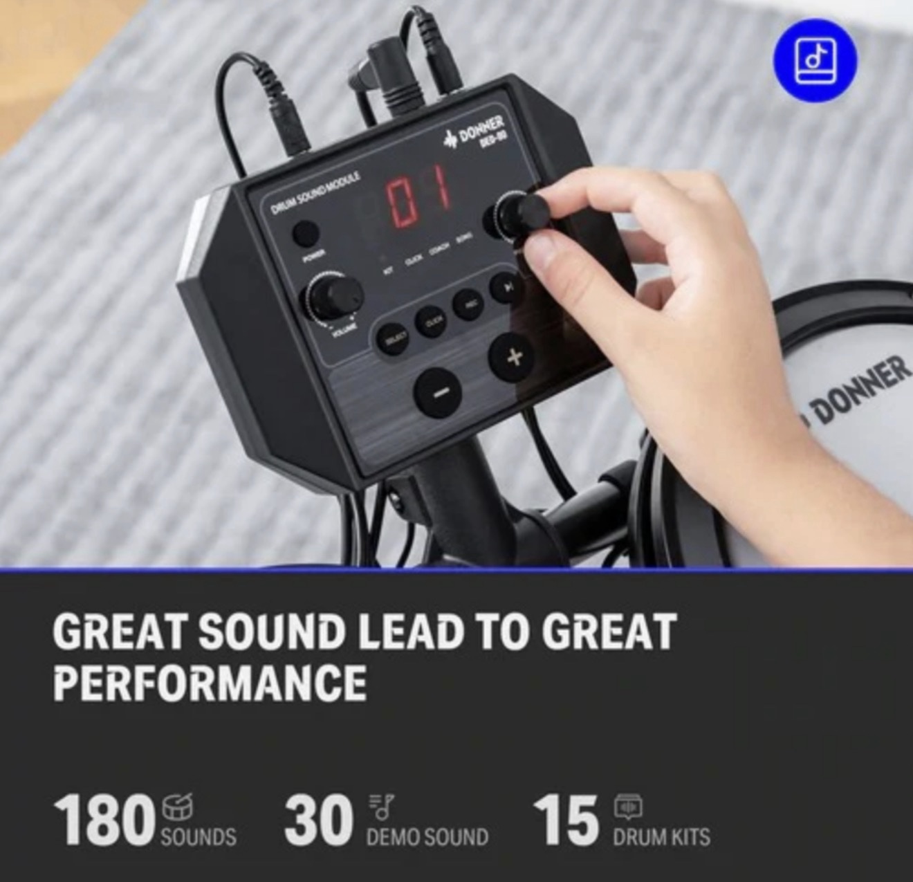 Donner DED-80 Electric Drum Set, Electronic Drum Kit for Beginner with 180 Sounds, Quiet Mesh Drum Set with Heavy Duty Pedals, Drum Throne, Sticks Headphone - Image 2