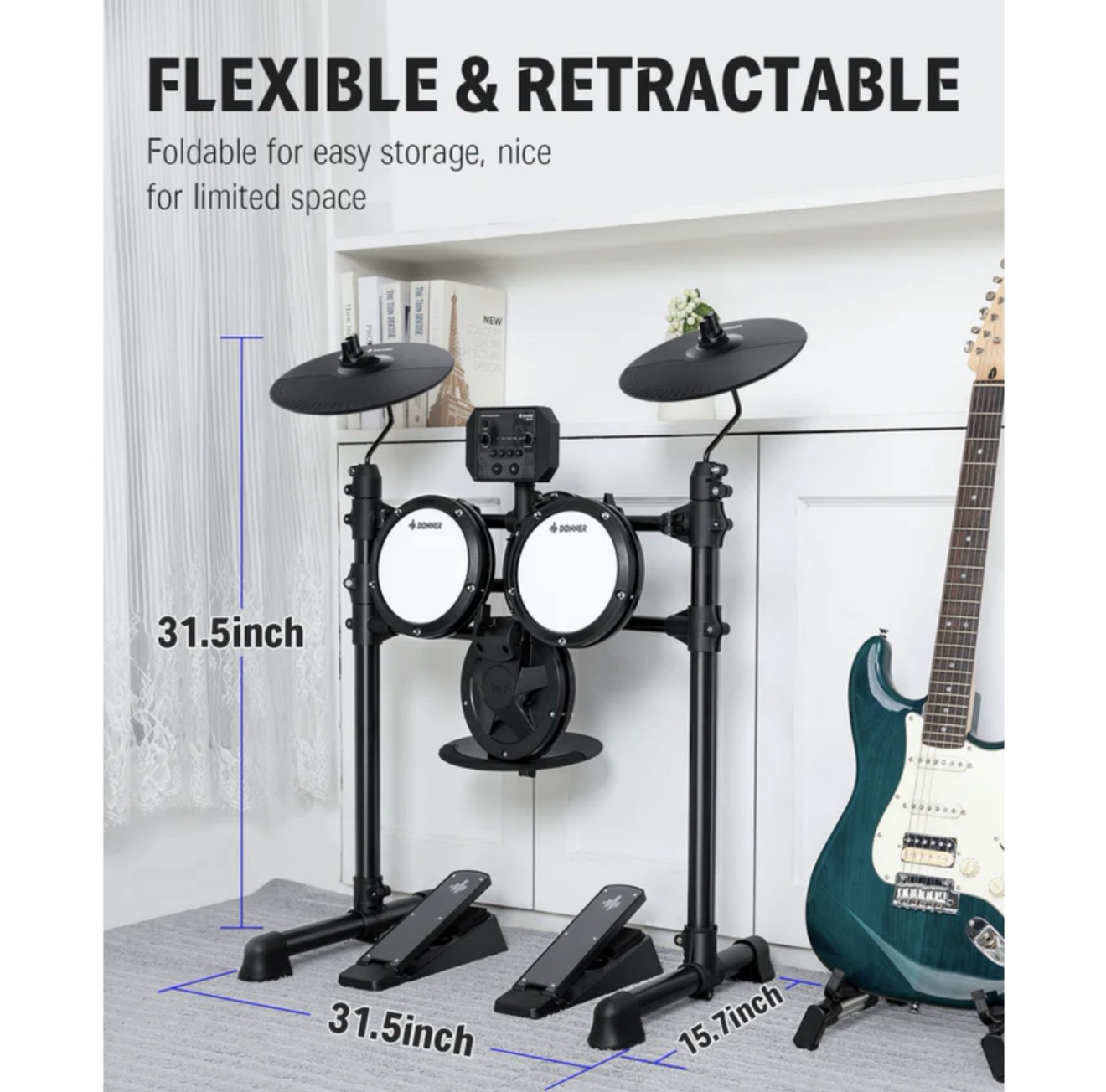 Donner DED-80 Electric Drum Set, Electronic Drum Kit for Beginner with 180 Sounds, Quiet Mesh Drum Set with Heavy Duty Pedals, Drum Throne, Sticks Headphone - Image 4