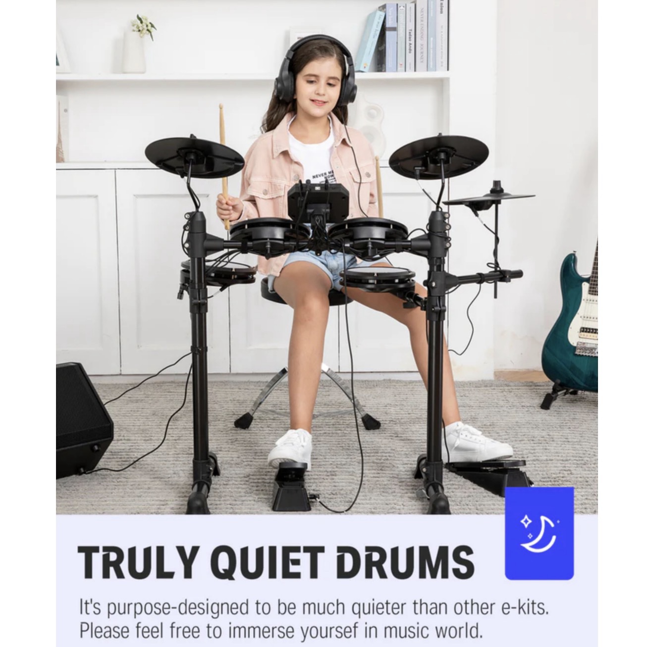 Donner DED-80 Electric Drum Set, Electronic Drum Kit for Beginner with 180 Sounds, Quiet Mesh Drum Set with Heavy Duty Pedals, Drum Throne, Sticks Headphone - Image 5