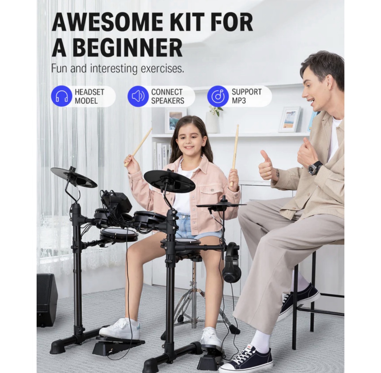 Donner DED-80 Electric Drum Set, Electronic Drum Kit for Beginner with 180 Sounds, Quiet Mesh Drum Set with Heavy Duty Pedals, Drum Throne, Sticks Headphone - Image 6
